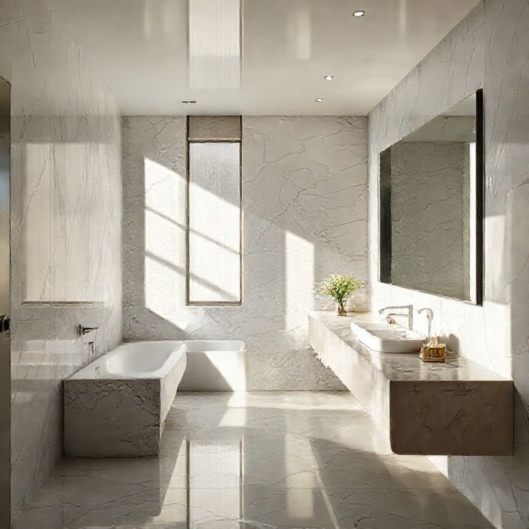 Espelho grande em um banheiro, ampliando e iluminando o espaço.