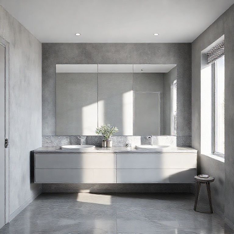 Espelhos ampliando e decorando um banheiro cinza moderno.