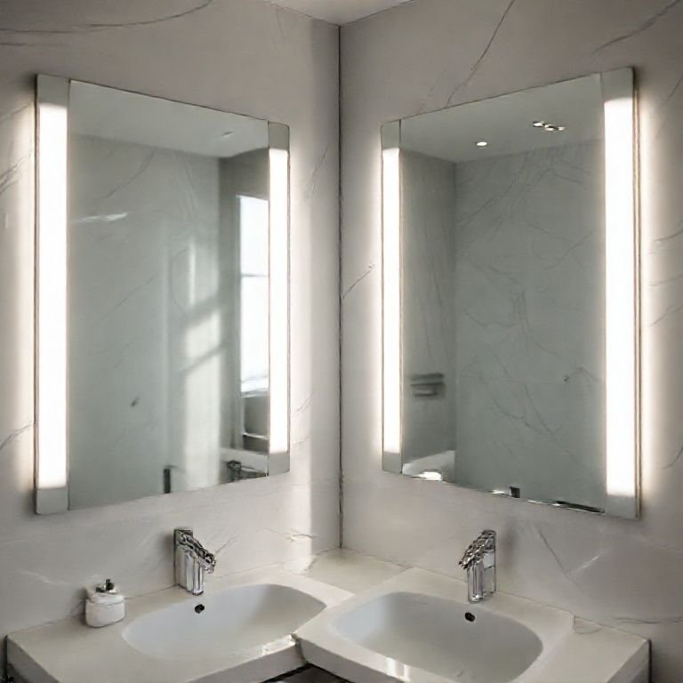 Espelhos com iluminação integrada em um banheiro estiloso.