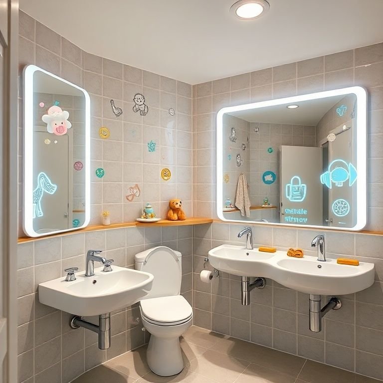 Espelhos divertidos e educativos no banheiro infantil.