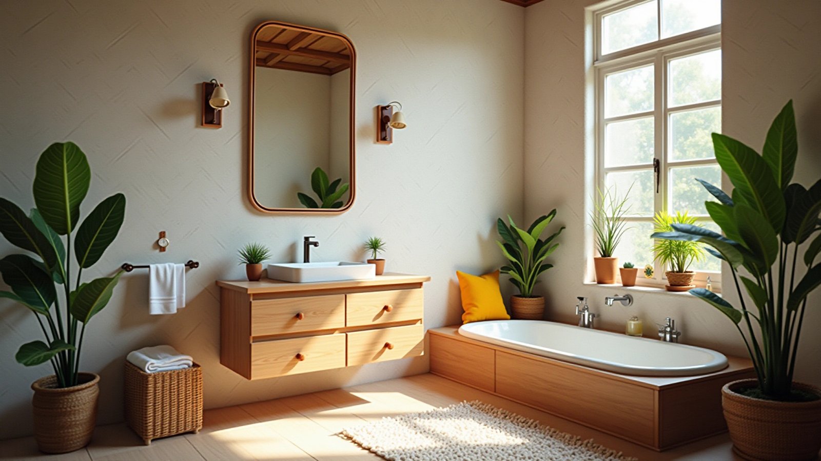 Banheiro charmoso com aparador de madeira e decoração vibrante.