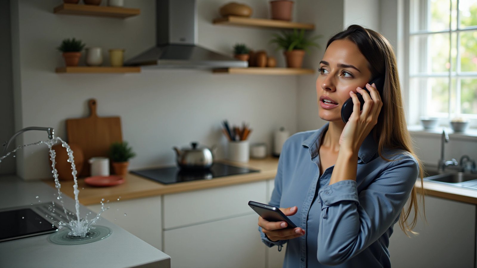 Mulher desesperada com cano estourado chamando encanador de emergência.