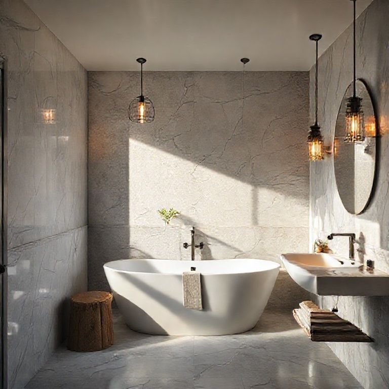 Iluminação estratégica em um banheiro com pendentes e luz suave.