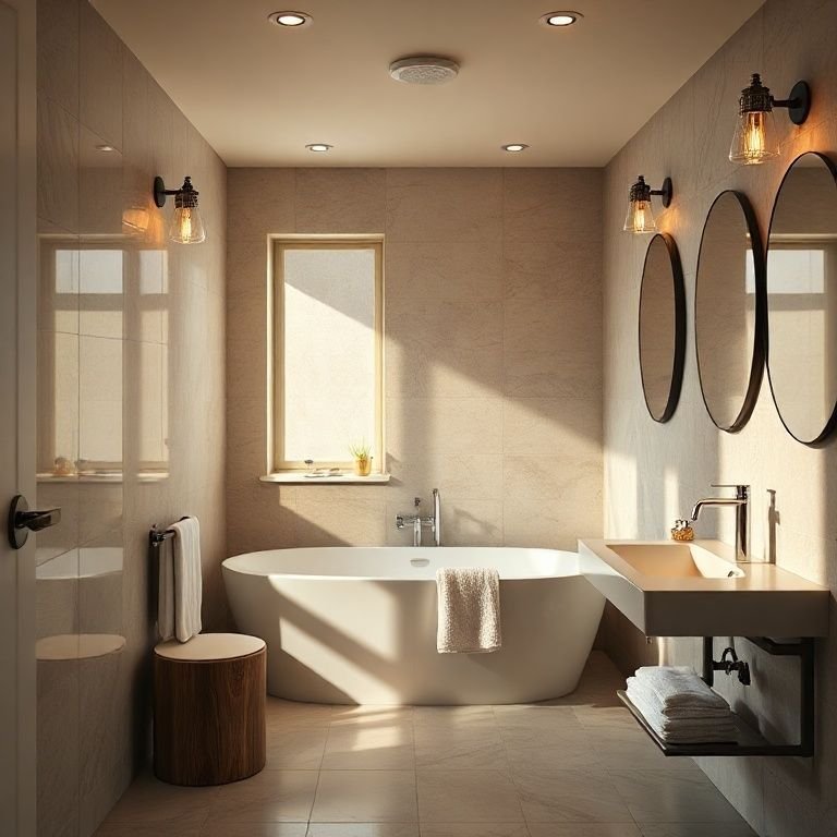 Iluminação estratégica em um banheiro moderno e acolhedor.