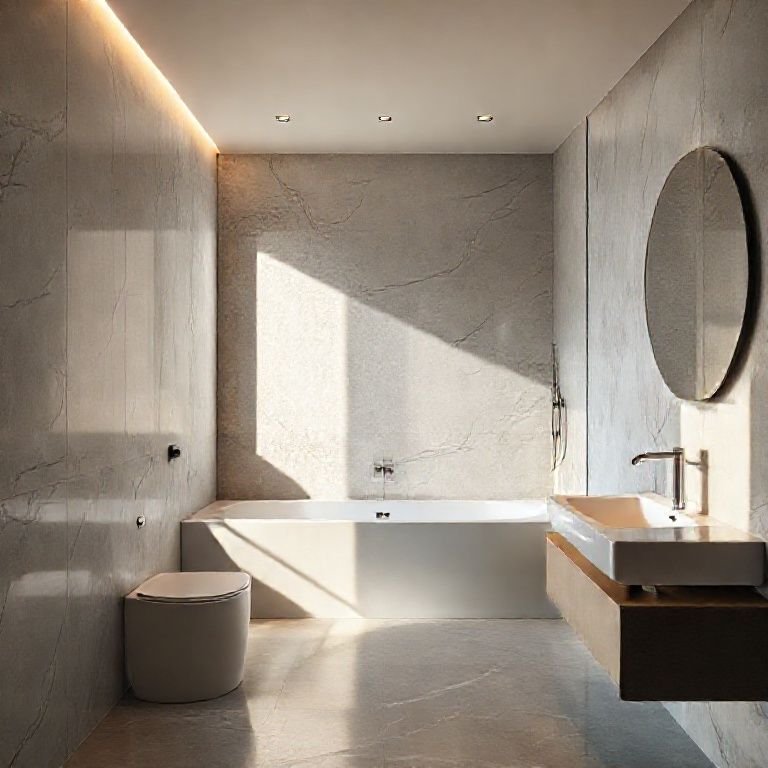 Iluminação estratégica valorizando detalhes em banheiro minimalista.