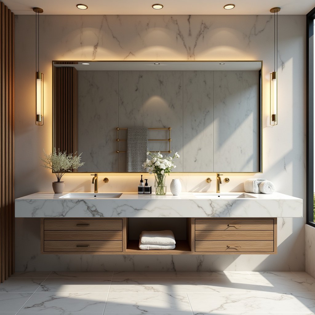 Aparador grande com pia dupla e espelho elegante para banheiro espaçoso.