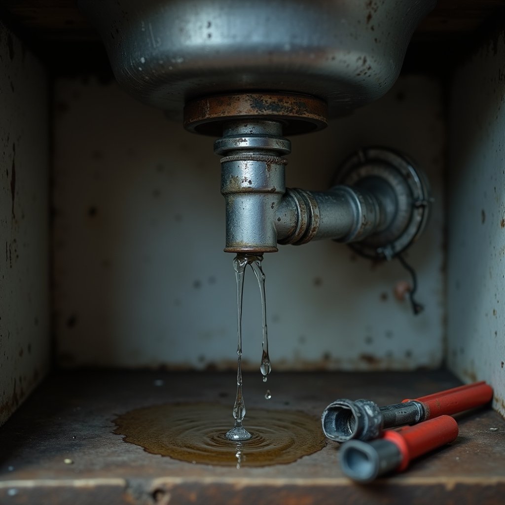 Goteira em cano embaixo da pia da cozinha.