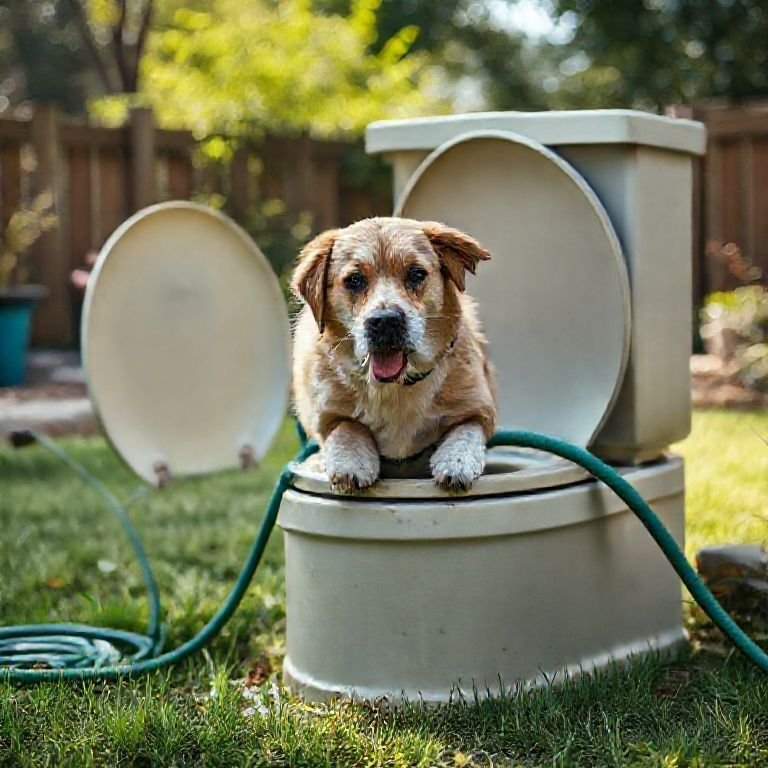 Limpando o banheiro do cachorro regularmente com mangueira.