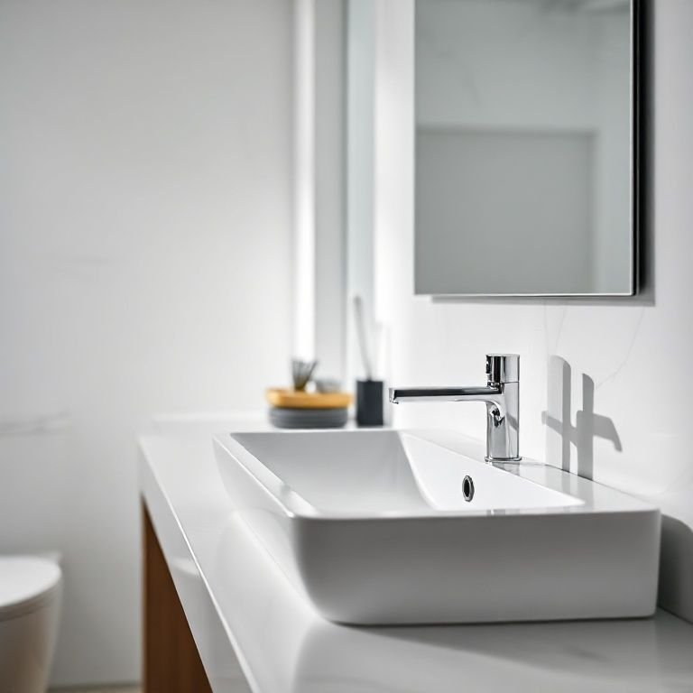 Louças e metais modernos em um banheiro simples.