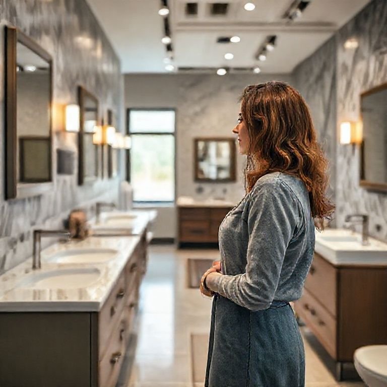 Mulher escolhendo balcão de banheiro em loja com foco em qualidade e design.