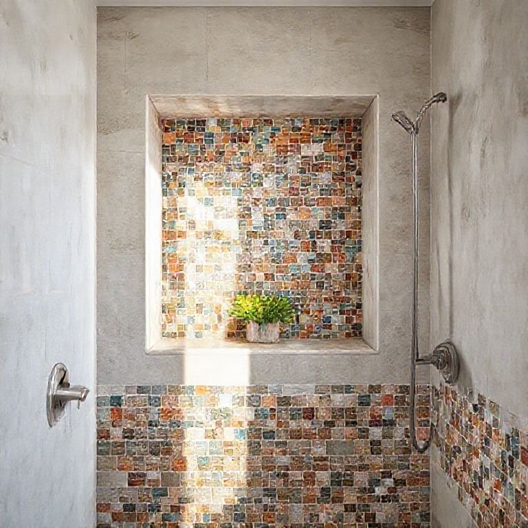 Nicho de banheiro revestido com mosaicos coloridos.