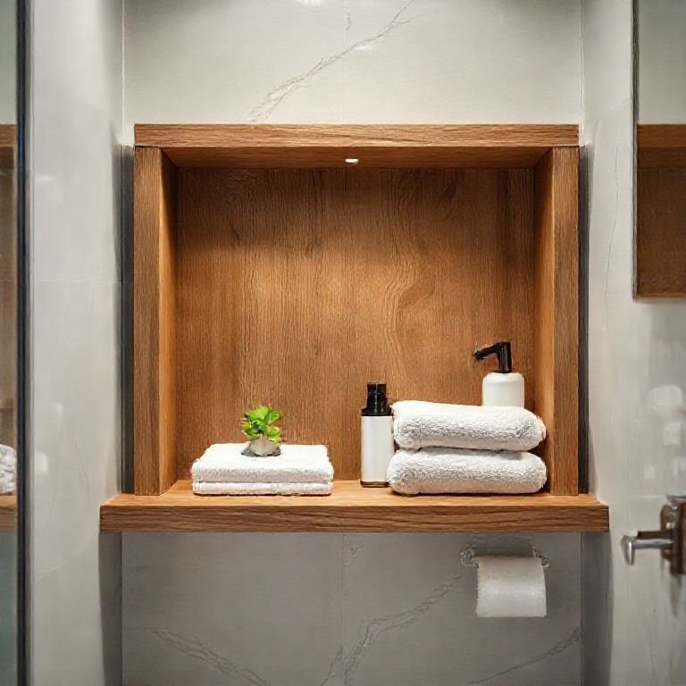 Nicho de sobrepor em madeira com toalhas e produtos de higiene.