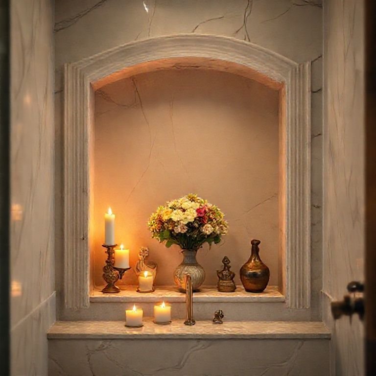 Nicho decorativo no banheiro com velas, esculturas e flores.