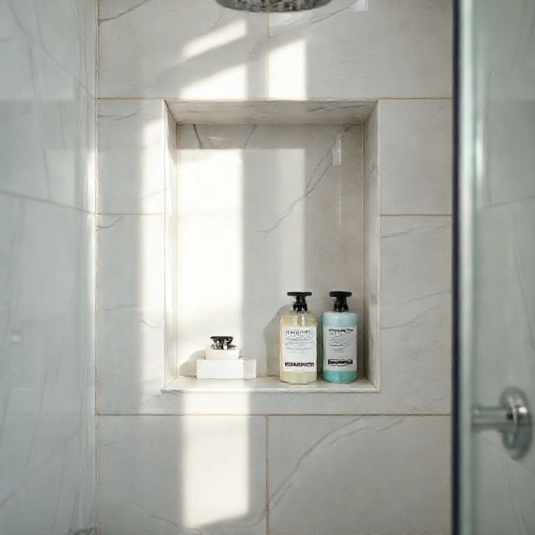 Nicho dentro do box do banheiro com produtos de banho.