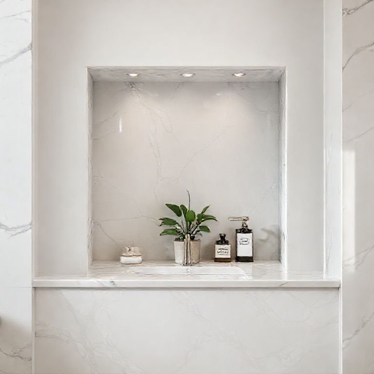 Nicho embutido de mármore com decoração elegante.