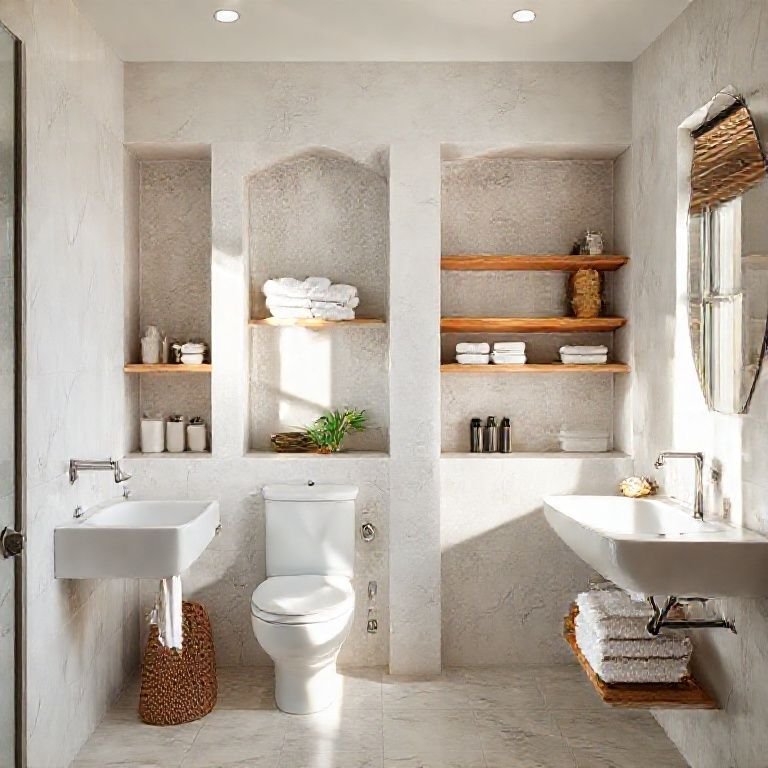 Nichos e prateleiras de banheiro otimizando o espaço com organização.