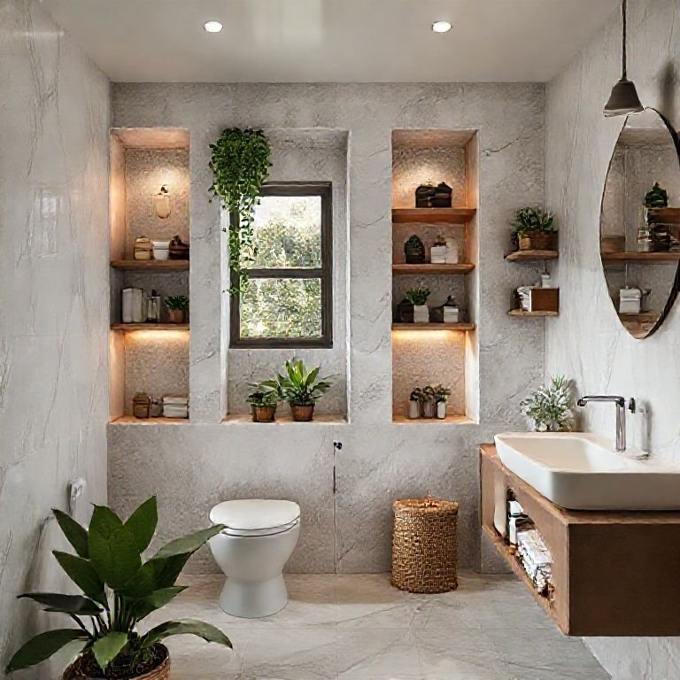 Nichos e prateleiras organizadas em um banheiro com plantas.