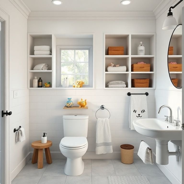 Nichos e prateleiras organizadoras no banheiro infantil.