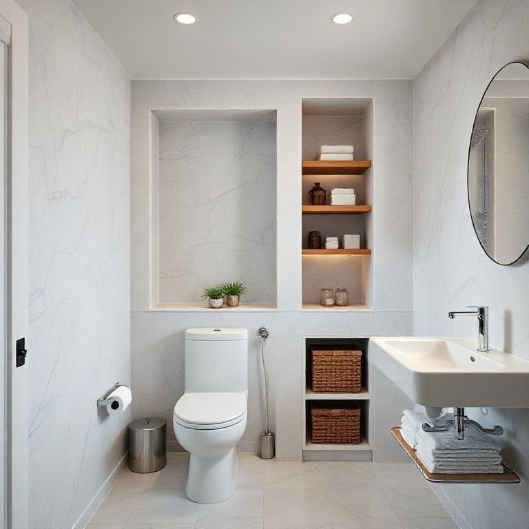 Nichos e prateleiras para organizar um banheiro moderno.