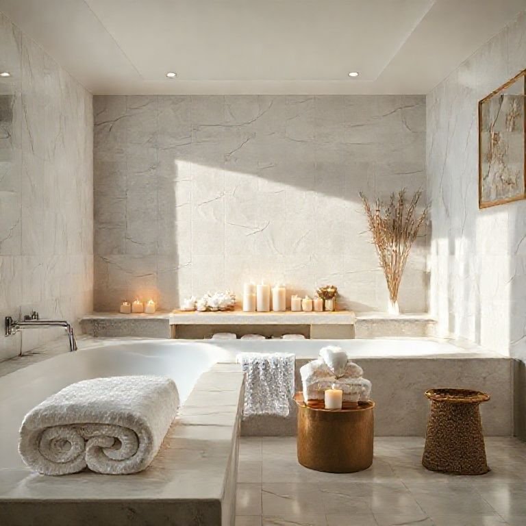 Organização e decoração cuidadosa em banheiro spa.