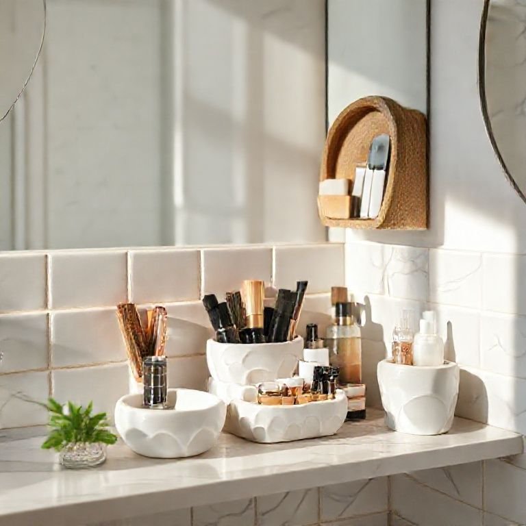Organizadores de maquiagem e acessórios de cerâmica em um banheiro.
