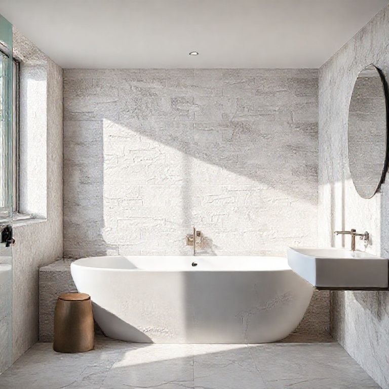 Parede com cerâmica Decortiles texturizada em um banheiro moderno.