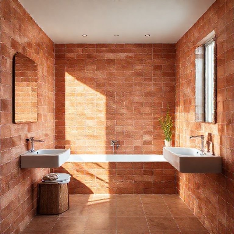Paredes com revestimento de terracota em banheiro moderno.