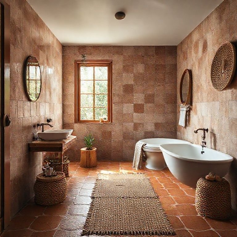 Piso de terracota em banheiro com toque rústico e acolhedor.