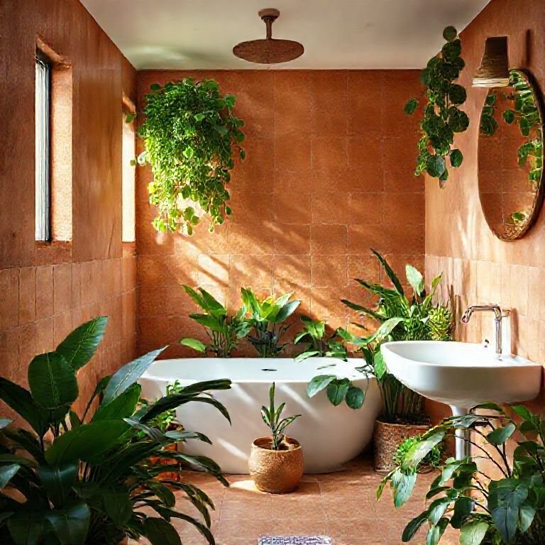 Plantas que harmonizam com terracota em banheiro.
