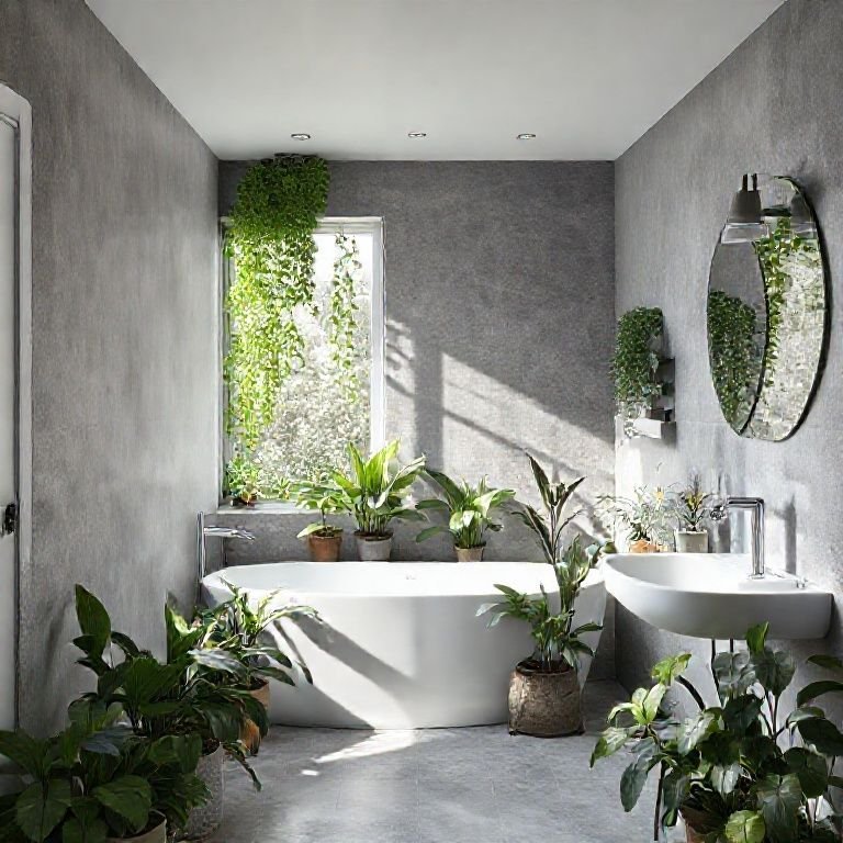 Plantas trazendo vida e frescor para um banheiro cinza.