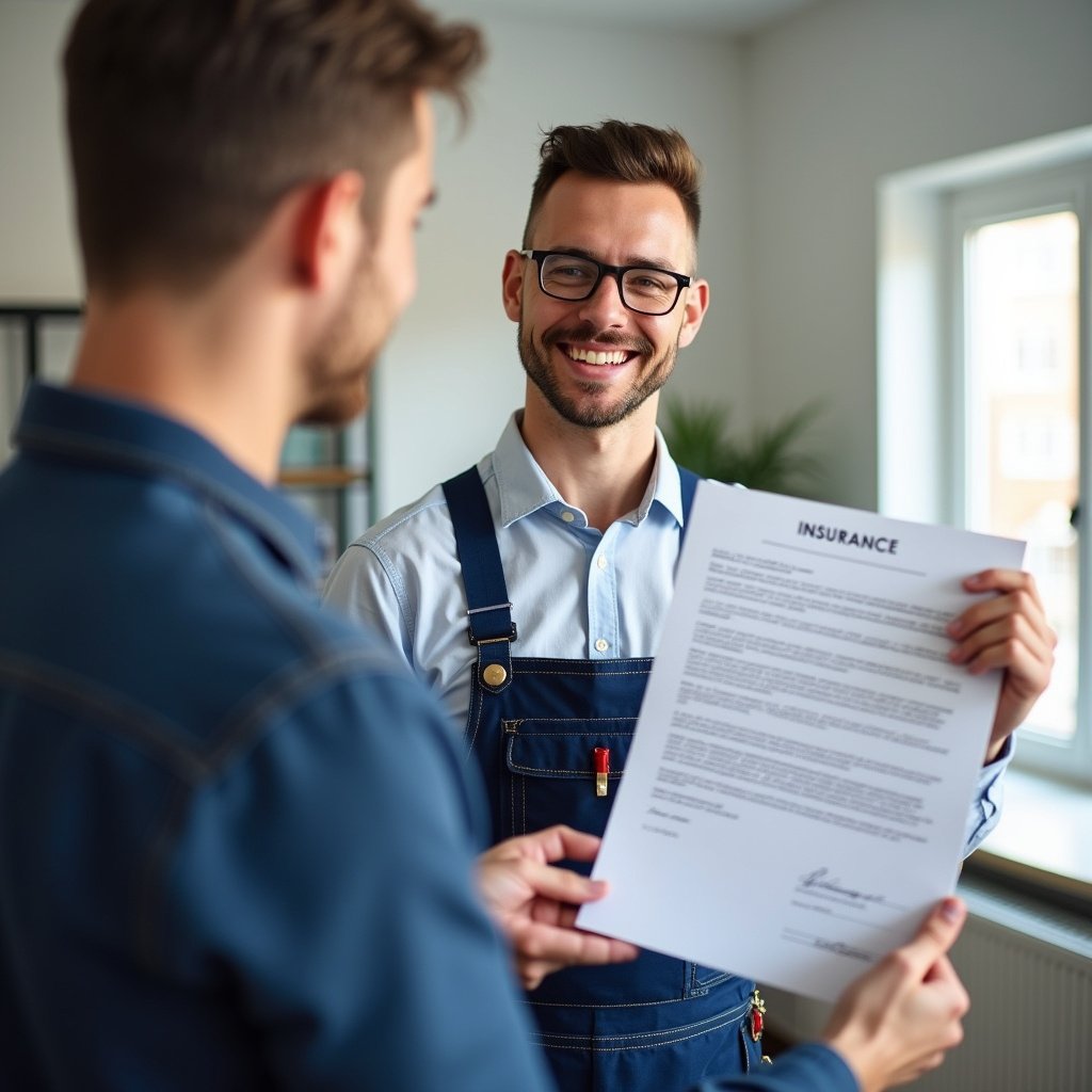 Encanador mostrando apólice de seguro para cliente.
