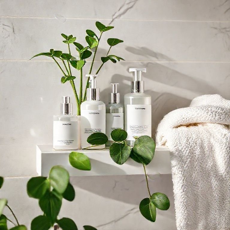 Produtos de beleza e plantas em prateleira de banheiro.