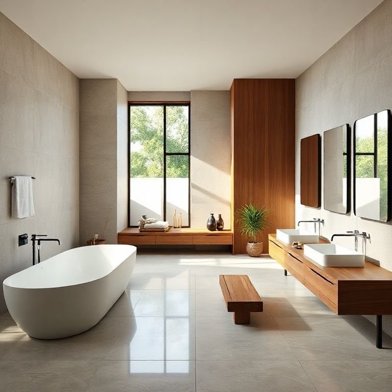 Quarto de casal moderno com banheiro integrado e design contínuo.