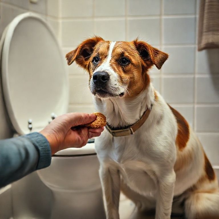 Recompensando o cachorro por usar o banheiro corretamente.