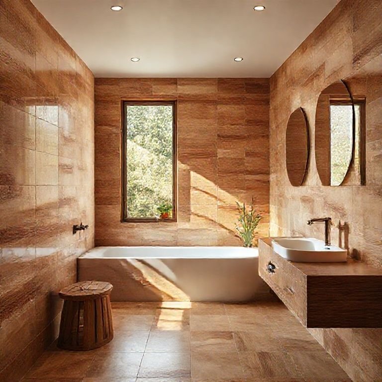 Revestimentos aconchegantes em um banheiro com detalhes em madeira e luz natural.