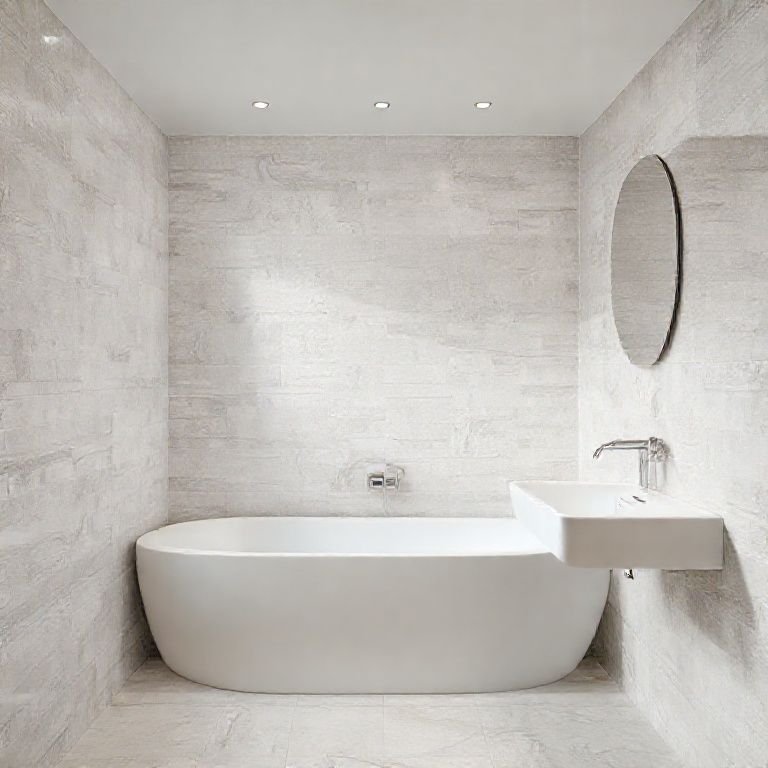 Revestimentos claros e com textura em banheiro pequeno.