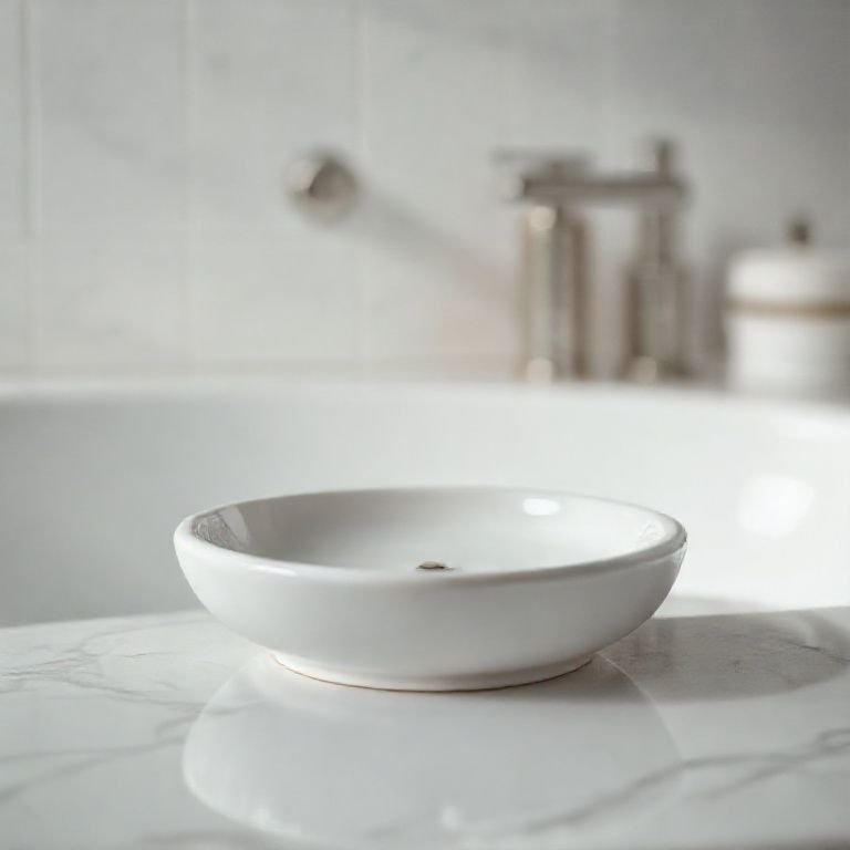 Saboneteira de cerâmica da marca [Nome da Marca] em banheiro minimalista.