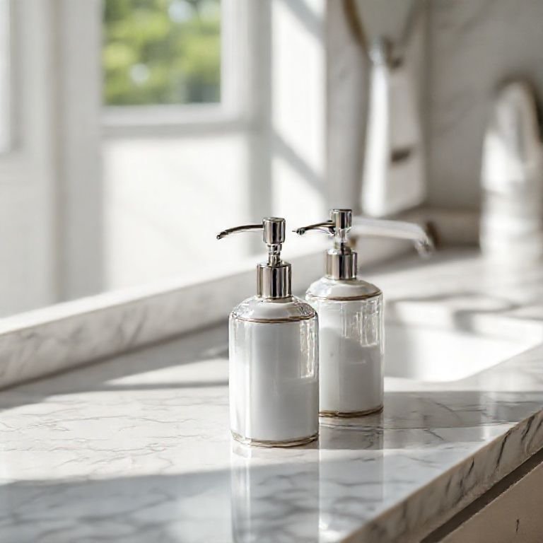 Saboneteiras e porta-escovas elegantes em uma bancada de mármore.