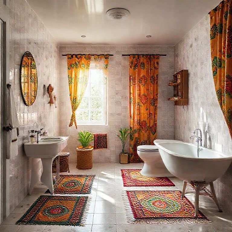 Tapetes e cortinas trazendo conforto e estilo ao banheiro.