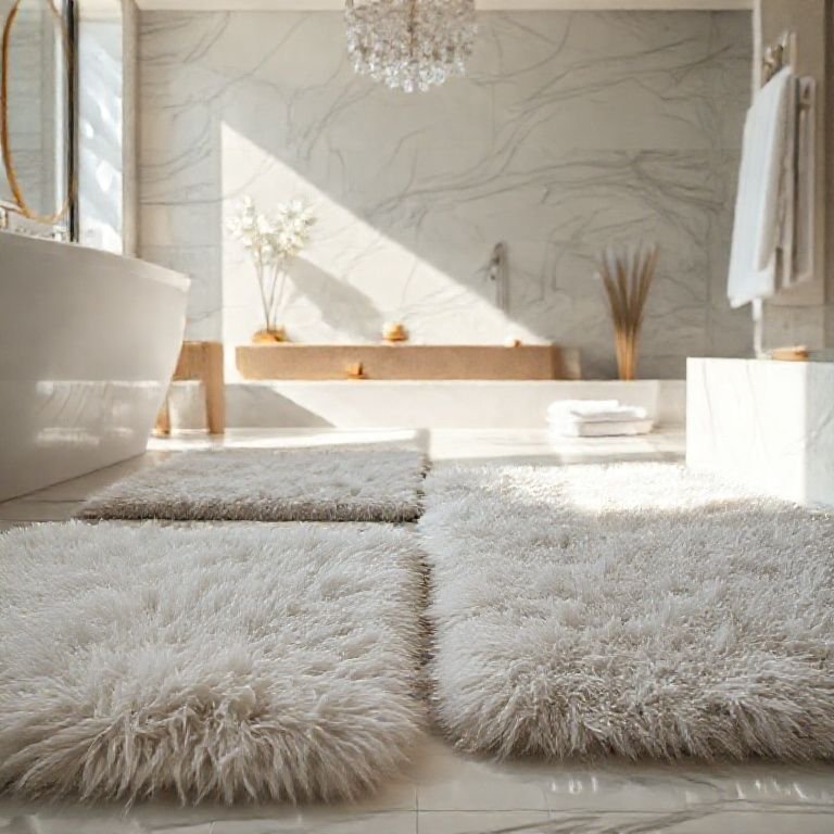 Tapetes macios no chão de um banheiro luxuoso.