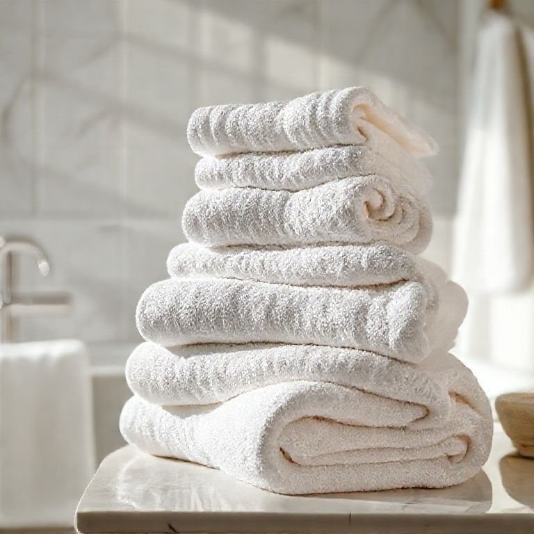 Toalhas de algodão egípcio empilhadas em um banheiro luxuoso.