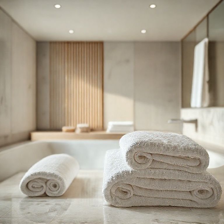 Toalhas de algodão egípcio ultra macias em um banheiro japonês.