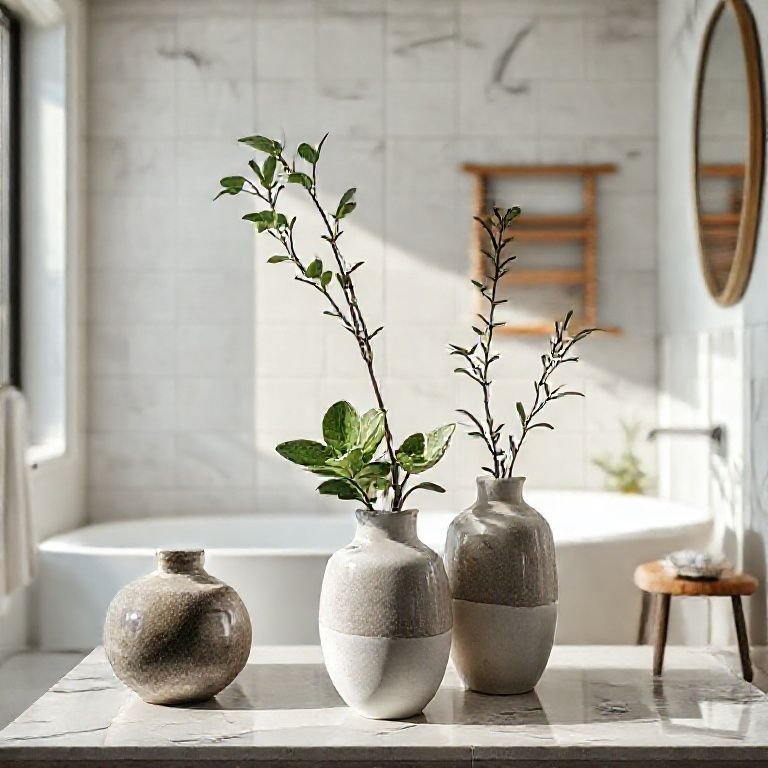 Vasos de cerâmica com plantas em um banheiro estiloso.