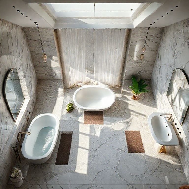 Visão superior de banheiro luxuoso com diferentes opções de banheira.