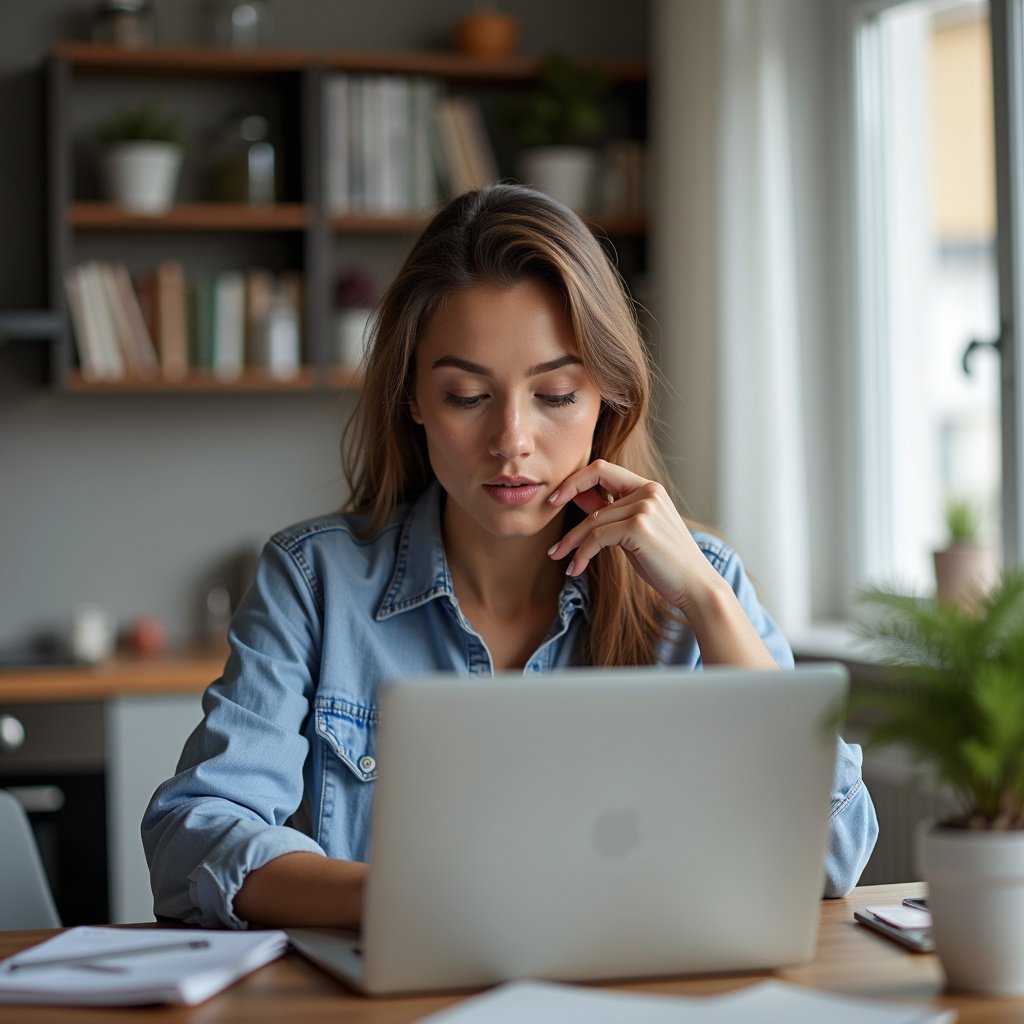 Mulher pesquisando encanadores online no laptop.