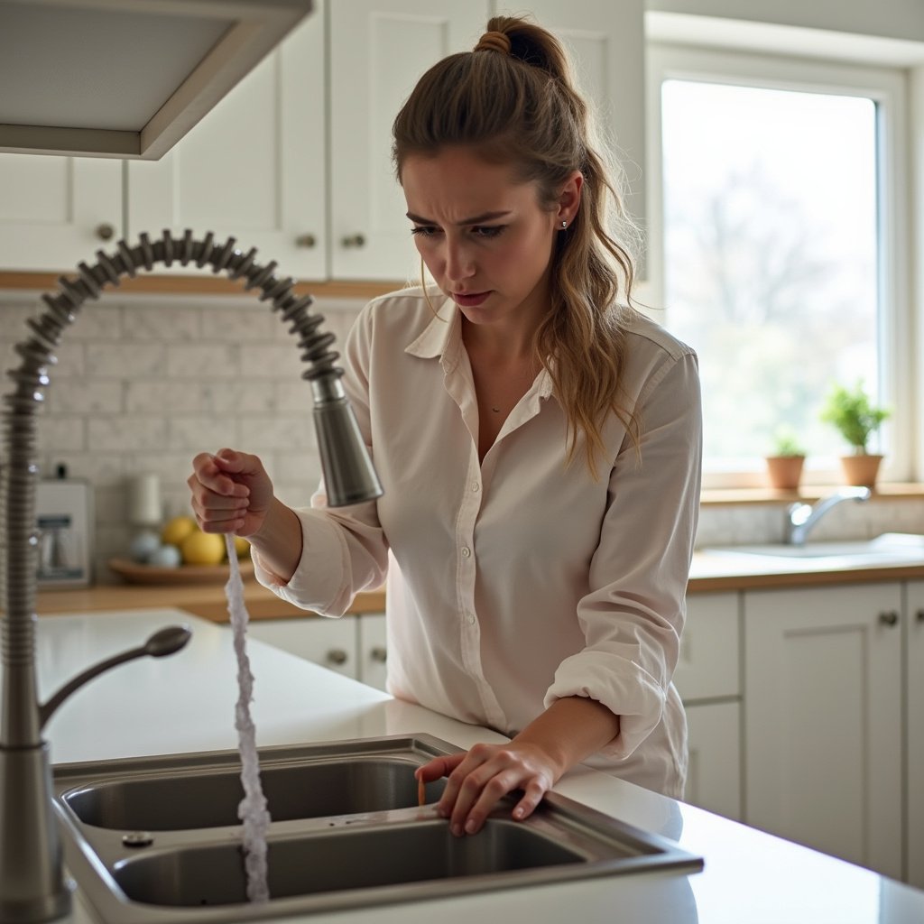Mulher desentupindo pia com desentupidor manual.