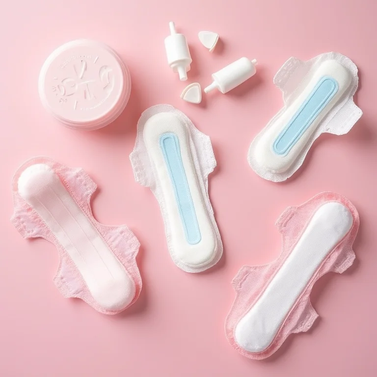 Absorventes e produtos de higiene feminina em composição flat lay