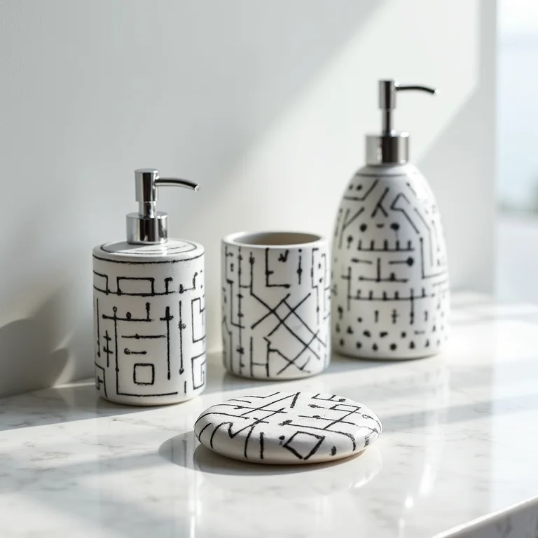 Acessórios de banheiro com padrões geométricos em preto e branco