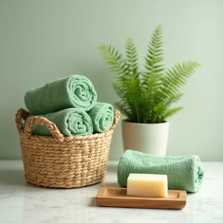 Acessórios de banheiro com temática tropical: toalhas, planta e sabonete artesanal