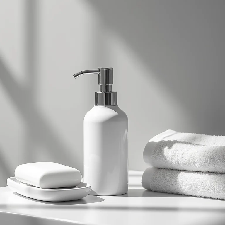 Acessórios de banheiro coordenados em preto e branco